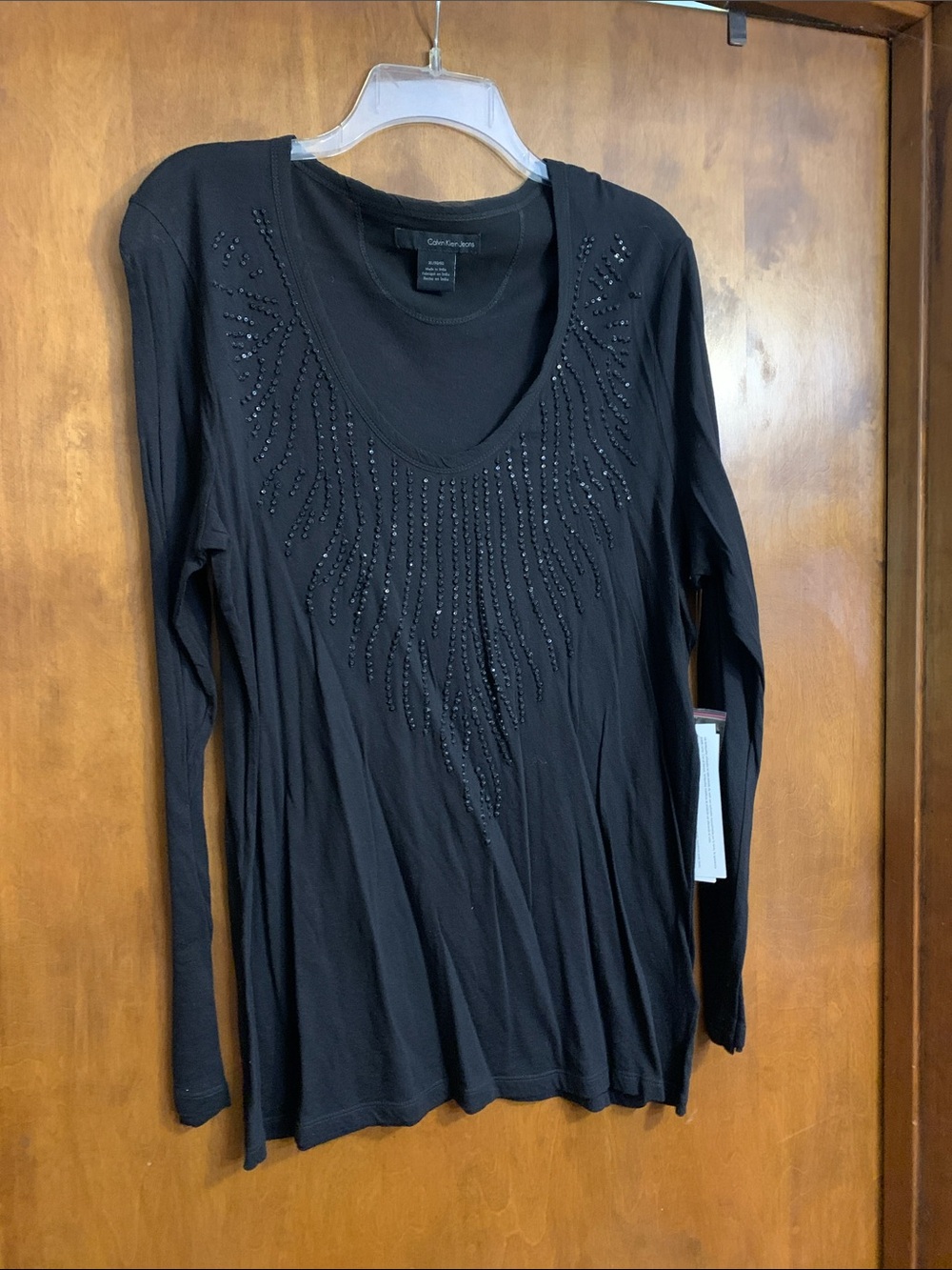 Calvin Klein Black Long-Sleeve Top with Beaded V-Neck